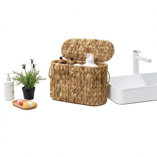 Toilet Paper Storage Basket efluky Water Hyacinth Slim Holder with Lid-4