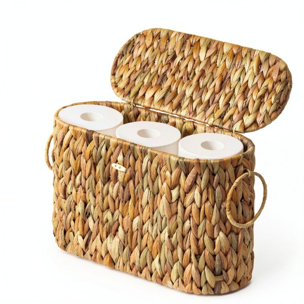 Toilet Paper Storage Basket efluky Water Hyacinth Slim Holder with Lid-2